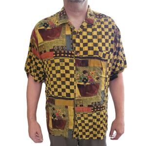 vintage JAMS WORLD Still Life checkered floral button up Hawaiian shirt Size XL